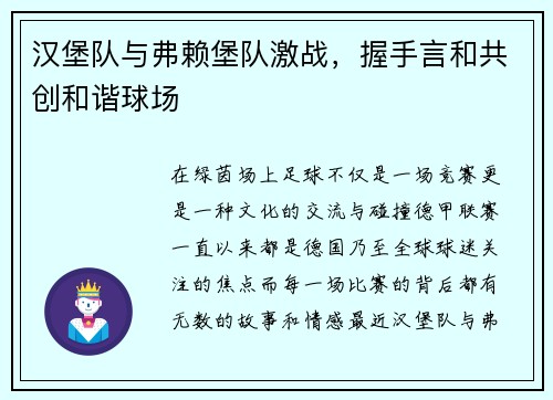 汉堡队与弗赖堡队激战，握手言和共创和谐球场